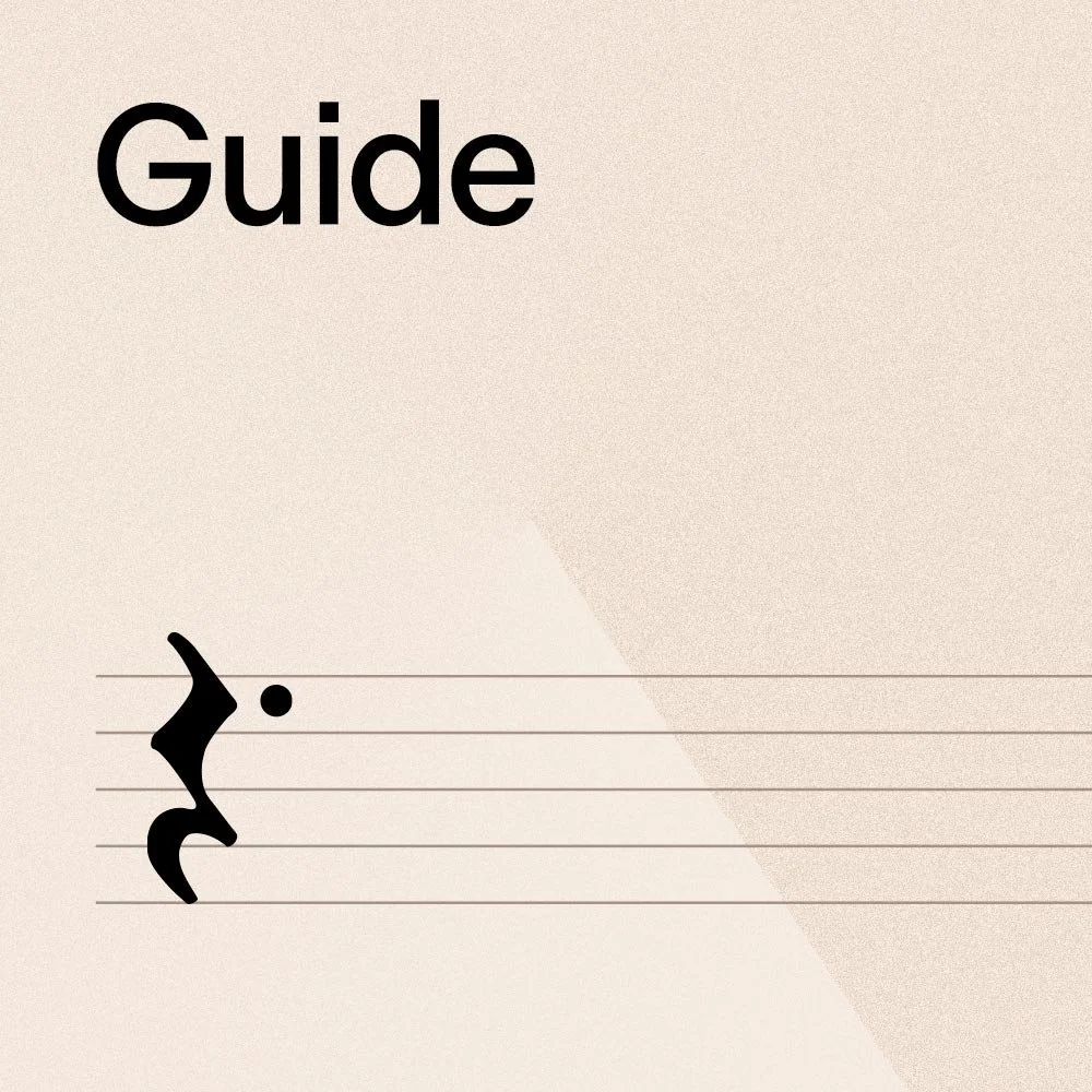 A guide cover featuring musical notation symbols, including a treble clef and a dot, on lined paper background. PolMusicA. Competition. Young talents. Australia. Melbourne, Sydney, Brisbane, Adelaide, Perth. Victoria, NSW, Queensland, SA, WA