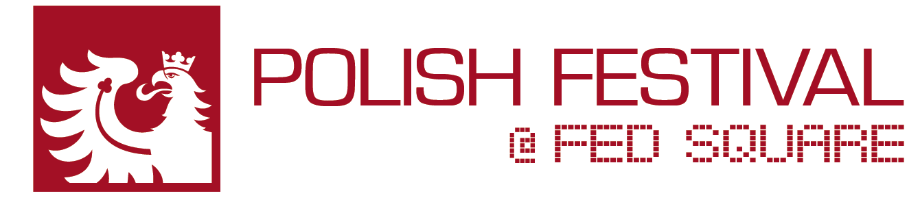 Poster for Polish Festival at Fed Square featuring white eagle emblem on red background and event details in red text. PolMusicA. Competition. Young talents. Australia. Melbourne, Sydney, Brisbane, Adelaide, Perth. Victoria, NSW, Queensland, SA, WA.
