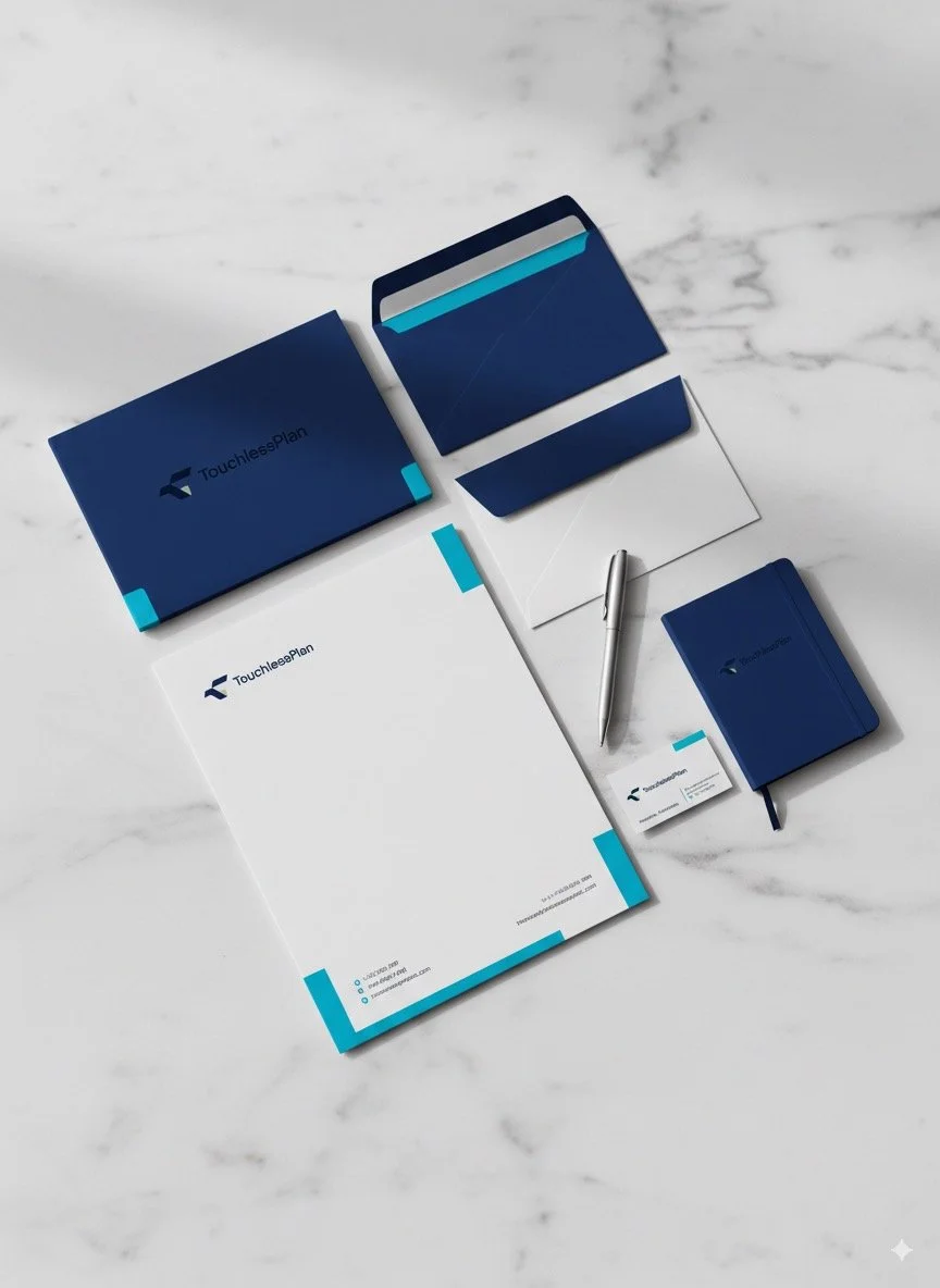 Set de papelería corporativa de TouchlessPlan, incluyendo tarjeta de presentación, libreta, pluma, sobres y documento en papel en mesa de mármol blanco.