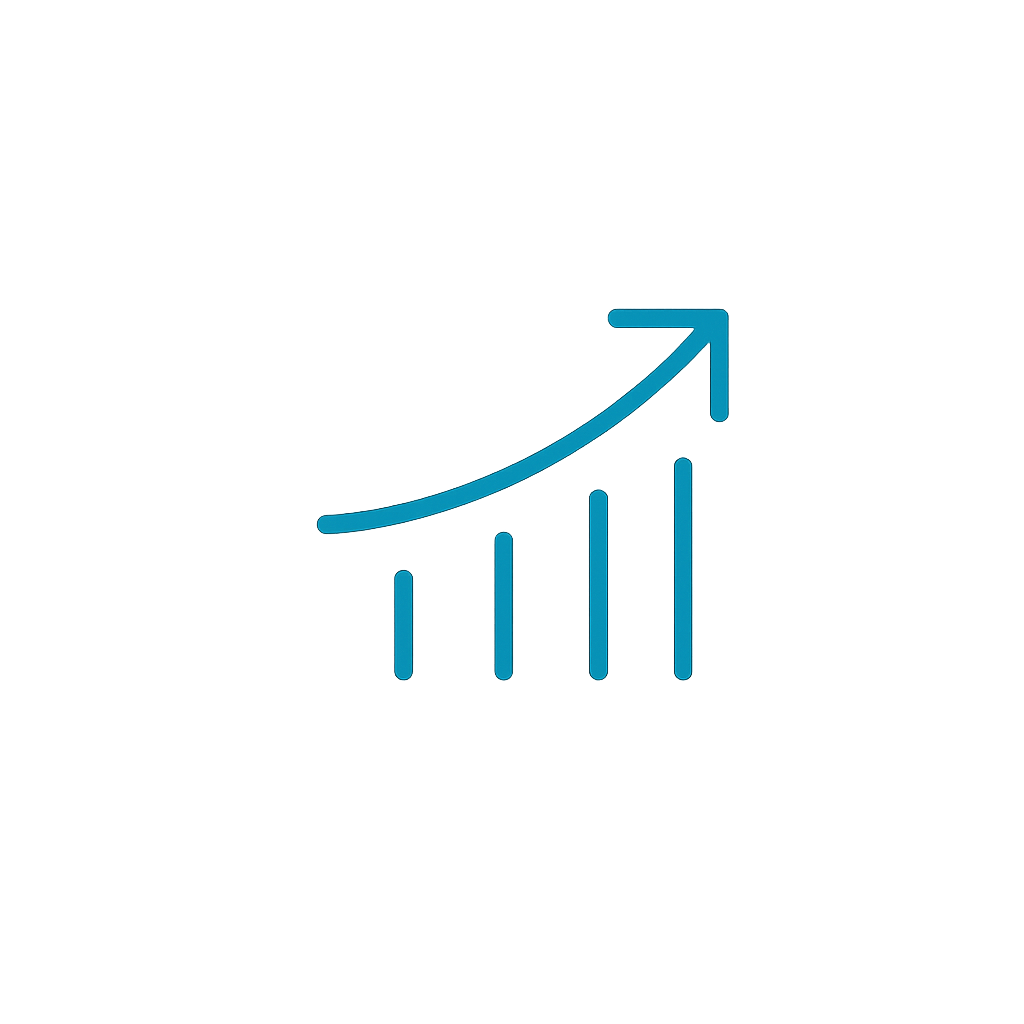 A line graph with an upward trend, showing increasing values from left to right, with bar markers and a blue arrow emphasizing growth.