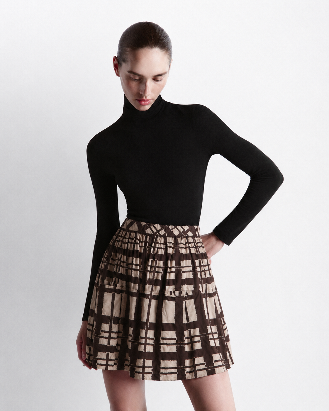 Maeve geometric print cotton silk A-line skirt styled with black turtleneck