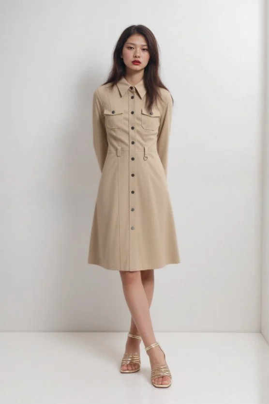 Guess Los Angeles Beige Long Sleeve Button Dress