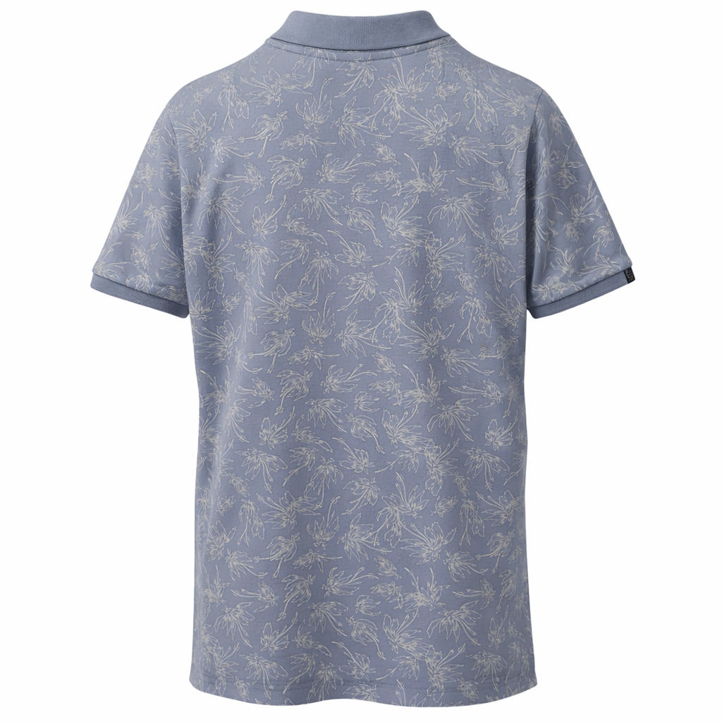 Men’s blue-grey floral polo shirt, short sleeve, back view