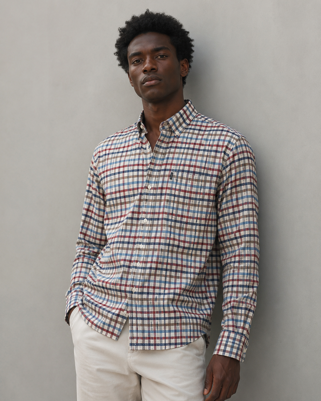 Barbour men’s premium checked cotton shirt in beige, blue and burgundy, long sleeve button-up smart casual designer shirt.