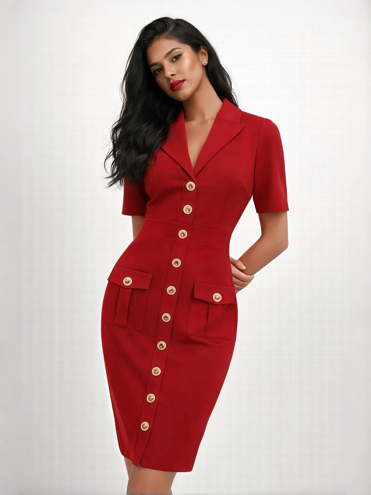 Model wearing Marciano by Guess red luxury dress, elegant fitted designer look