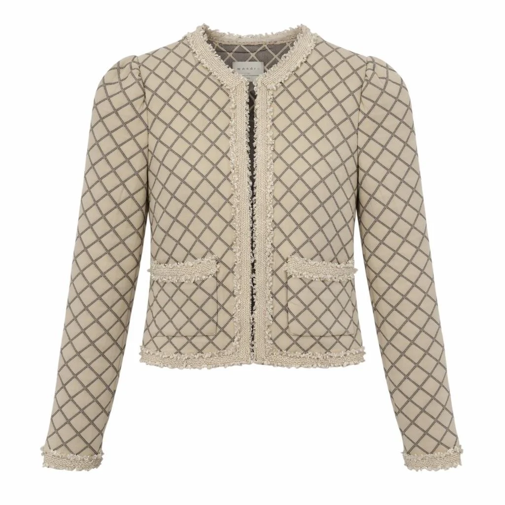 Sandro beige tweed cropped jacket with diamond pattern and textured trim, photographed on a white background – pre-loved luxury fashion curated by Norée Thrift de Lux