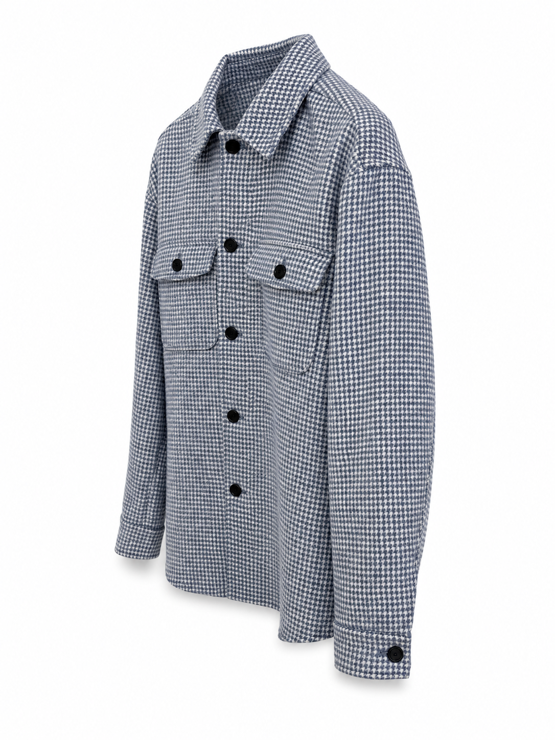 Side angle view of Reiss men’s blue houndstooth wool blend overshirt featuring button fastening, chest flap pockets and relaxed tailored fit.