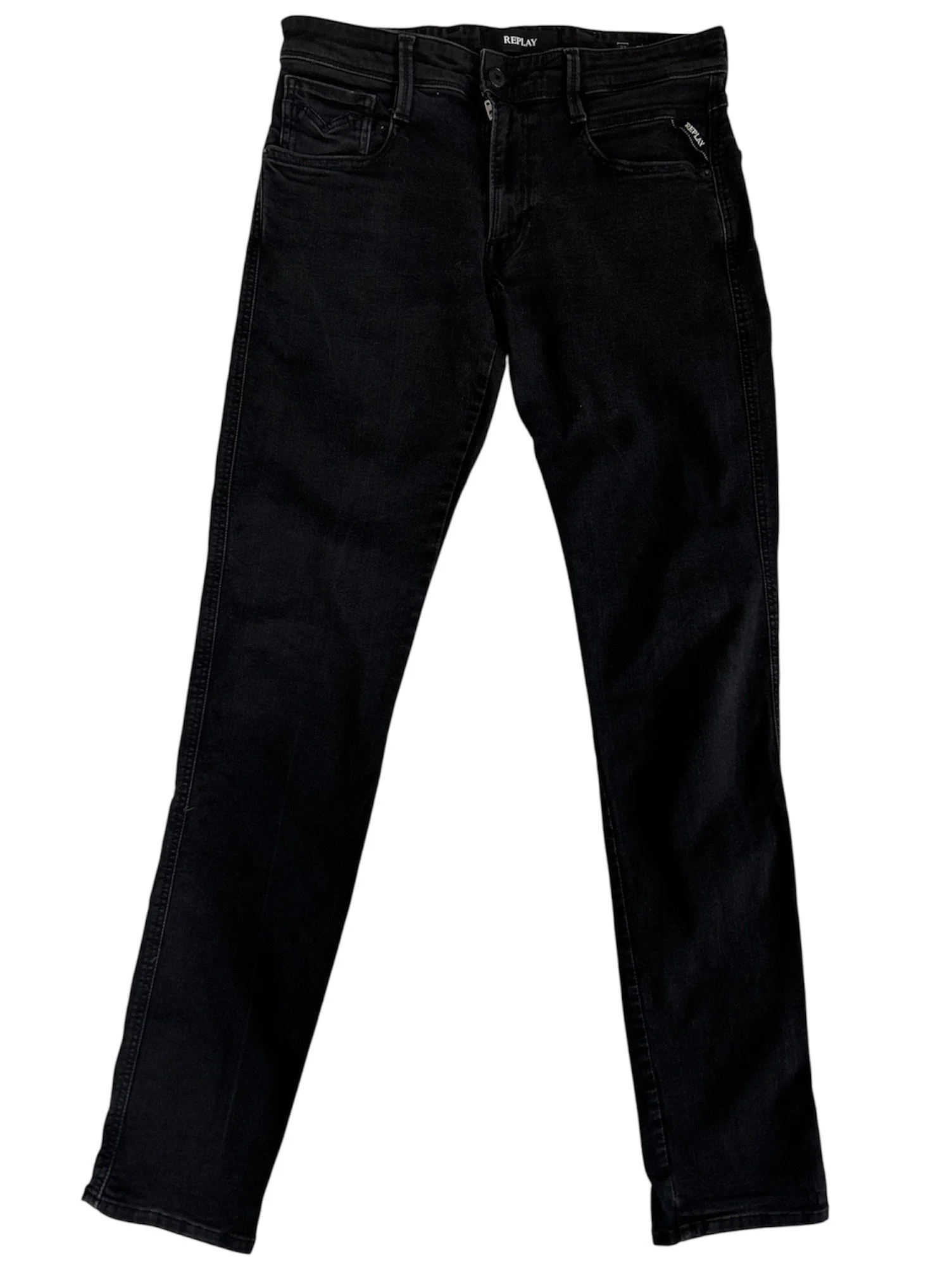 Replay men’s black slim fit designer jeans front view in dark washed premium denim