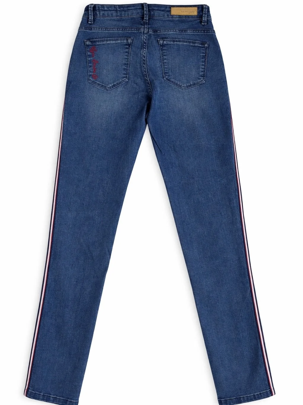 Back view of U.S. Polo Assn. boyfriend jeans with embroidered pocket logo and side stripes