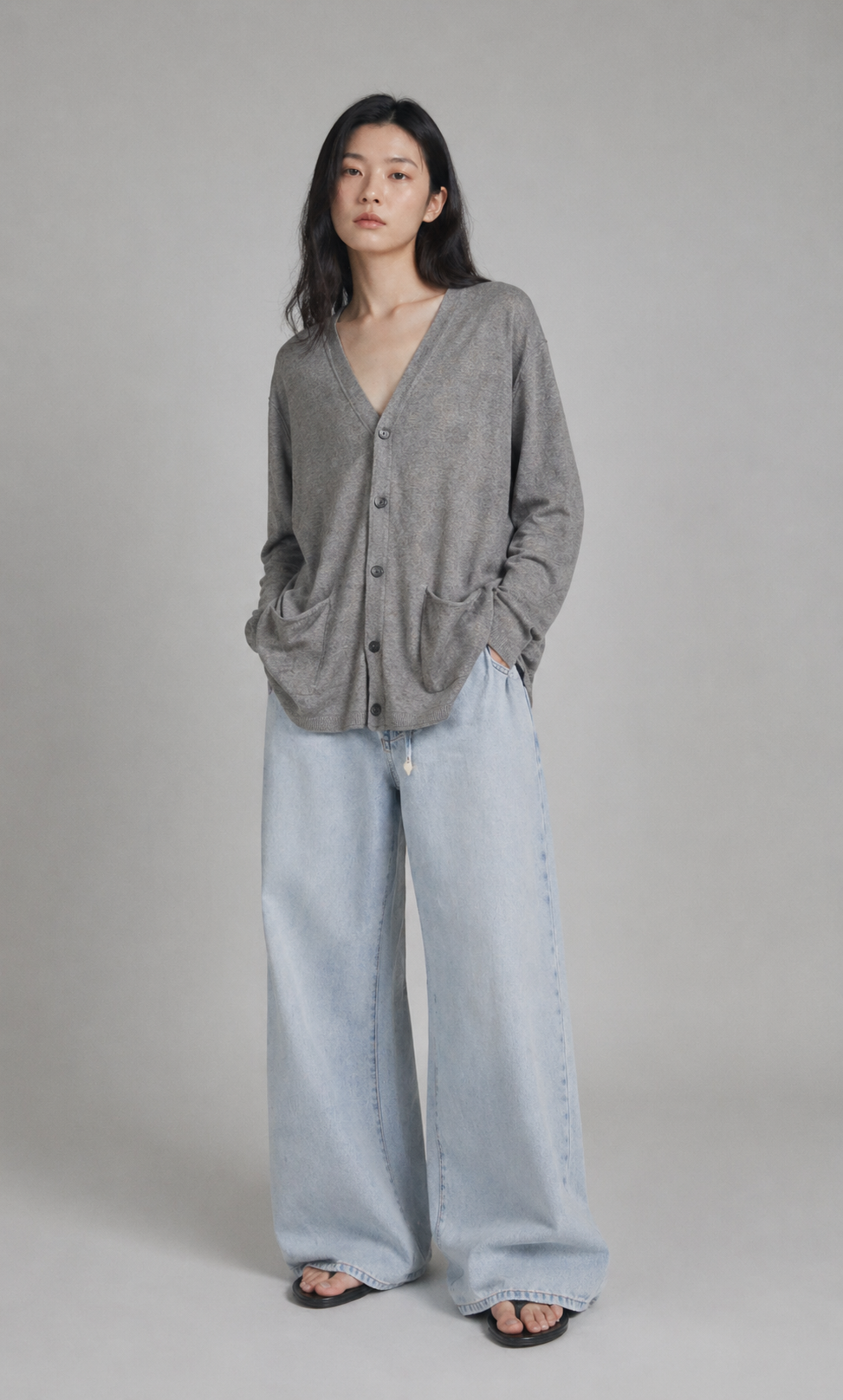 Sisley Grey Fine Knit Button Cardigan