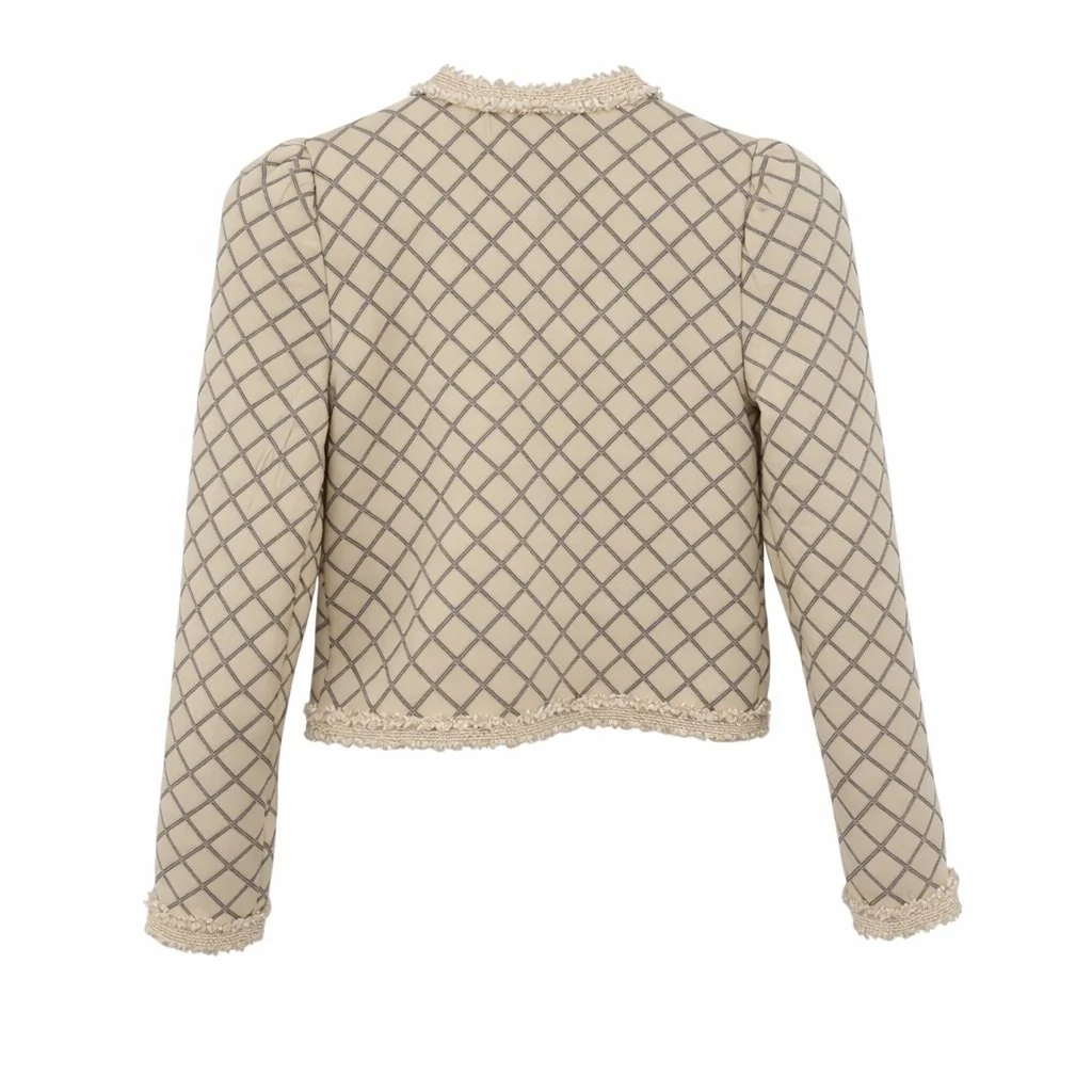 Sandro beige tweed cropped jacket with diamond pattern, back view highlighting structured seams and silhouette on a white background – pre-loved luxury fashion curated by Norée Thrift de Lux.