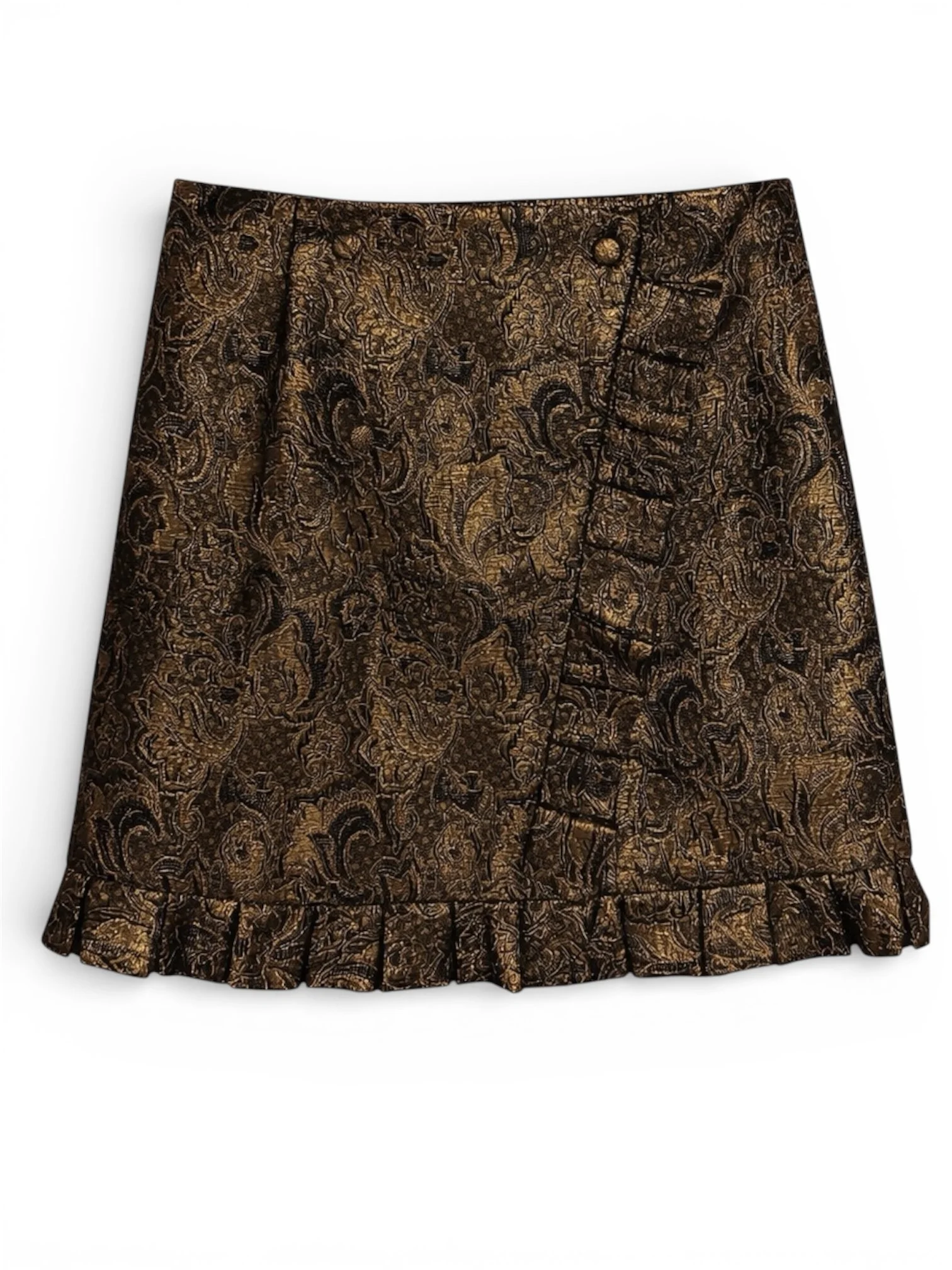 Sandro Paris gold jacquard mini skirt with ruffled hem, front view