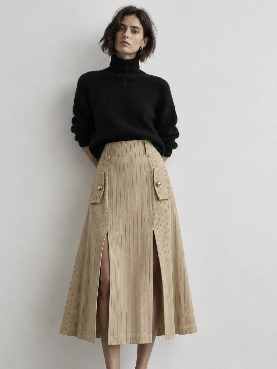 Maje Beige Pinstripe Designer Midi Skirt with Front Slits