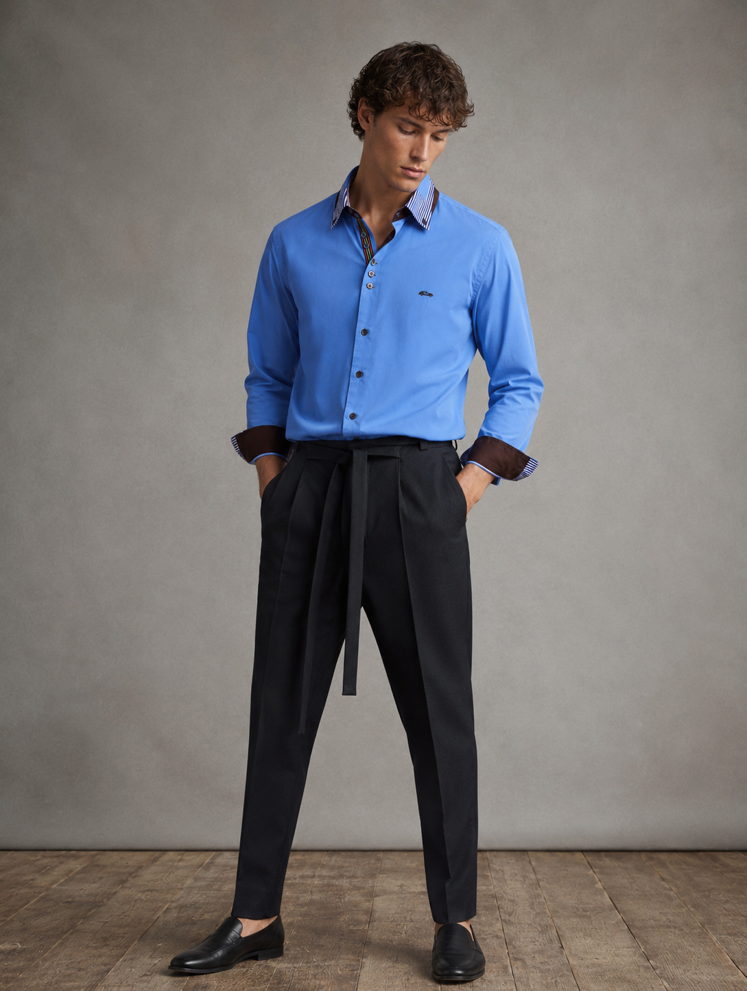 Men’s smart casual outfit featuring Dario Beltran light blue designer shirt