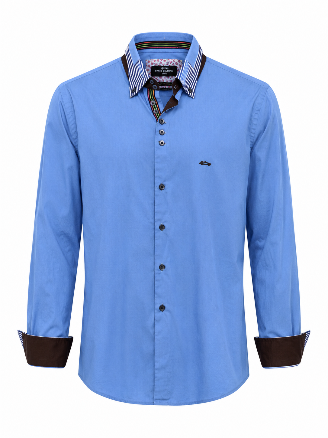 Front view of the Dario Beltran men’s light blue designer shirt with rolled cuffs, revealing contrast brown inner cuffs, striped details and premium tailoring.