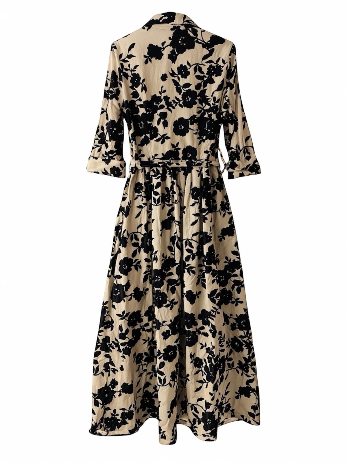 Granat Collection floral shirt dress, back view, flowing maxi silhouette