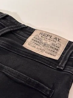 Replay men’s black slim fit jeans back view with signature pocket stitching and designer denim finish