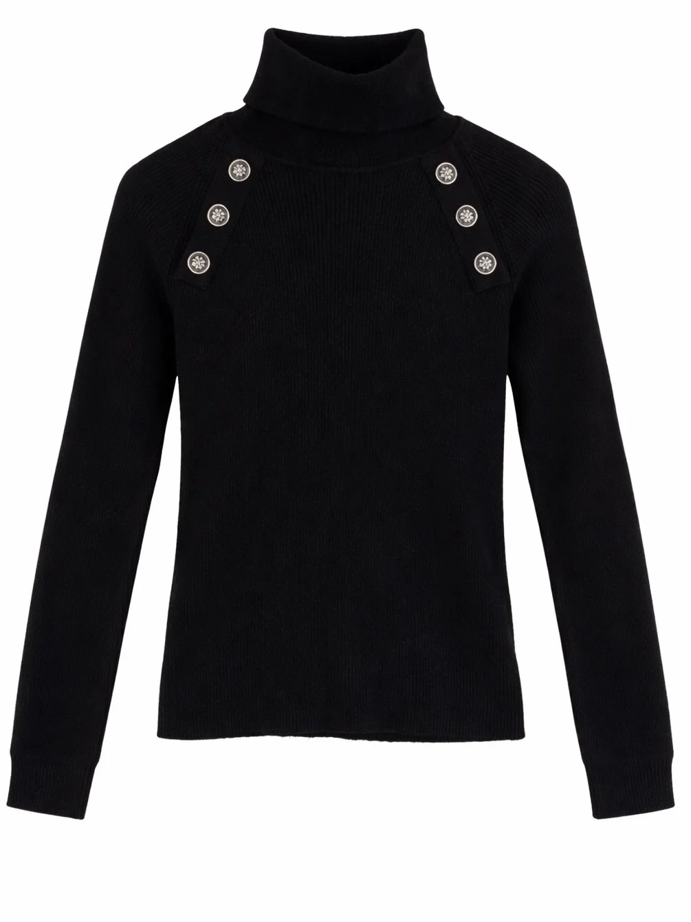 John Richmond black ribbed turtleneck sweater with silver-tone shoulder buttons front view