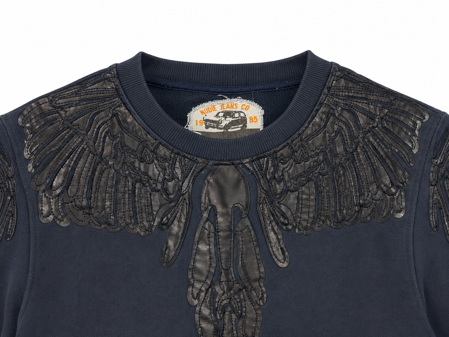 Nudie Jeans Co embroidered eagle neckline detail