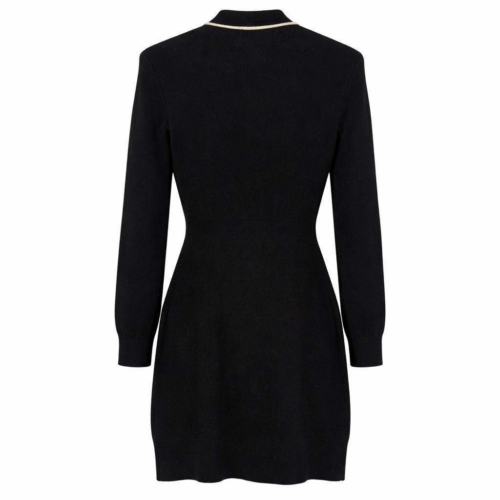 Elisabetta Franchi black knit blazer dress with ivory trim, back view highlighting fitted silhouette on white background – pre-loved luxury fashion curated by Norée Thrift de Lux