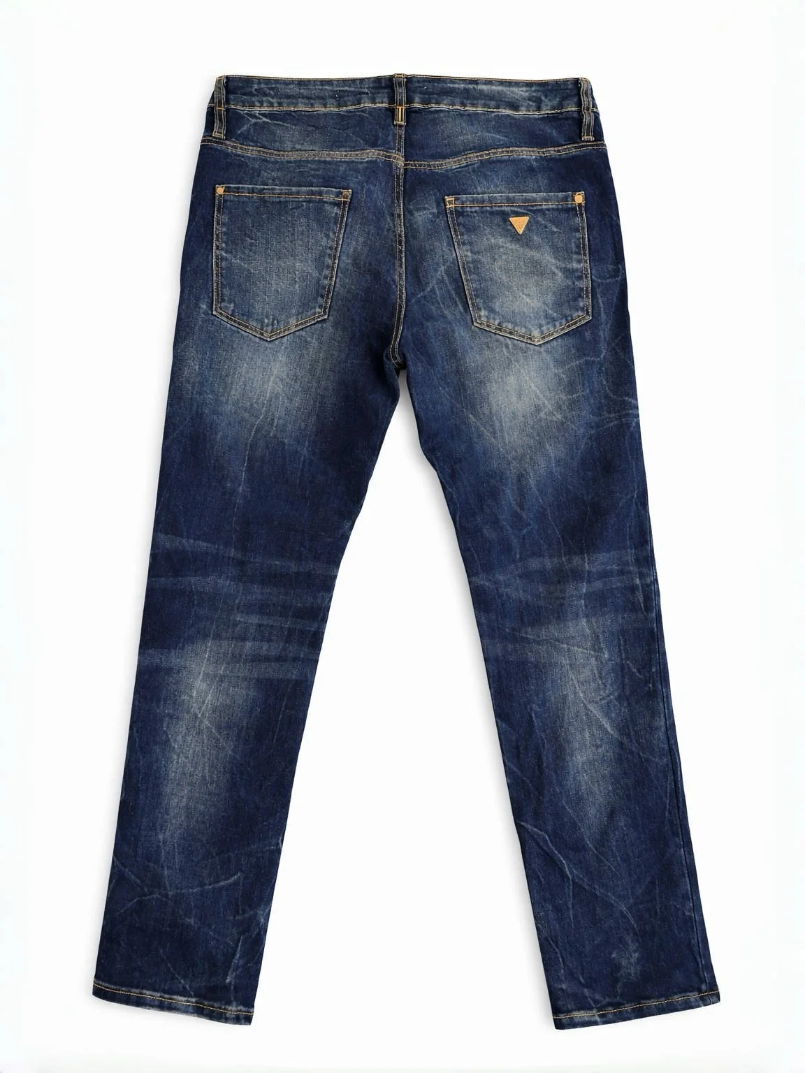 Guess blue denim jeans back view with vintage worn-in wash and pocket logo