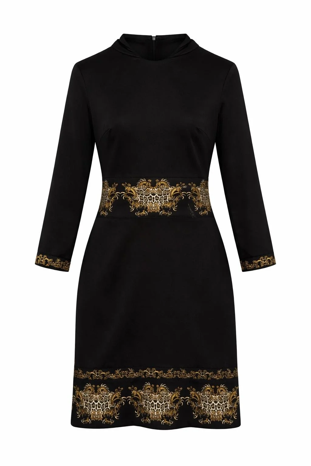 Just Cavalli black fitted dress with gold baroque waistband and hem detail, front view on white background