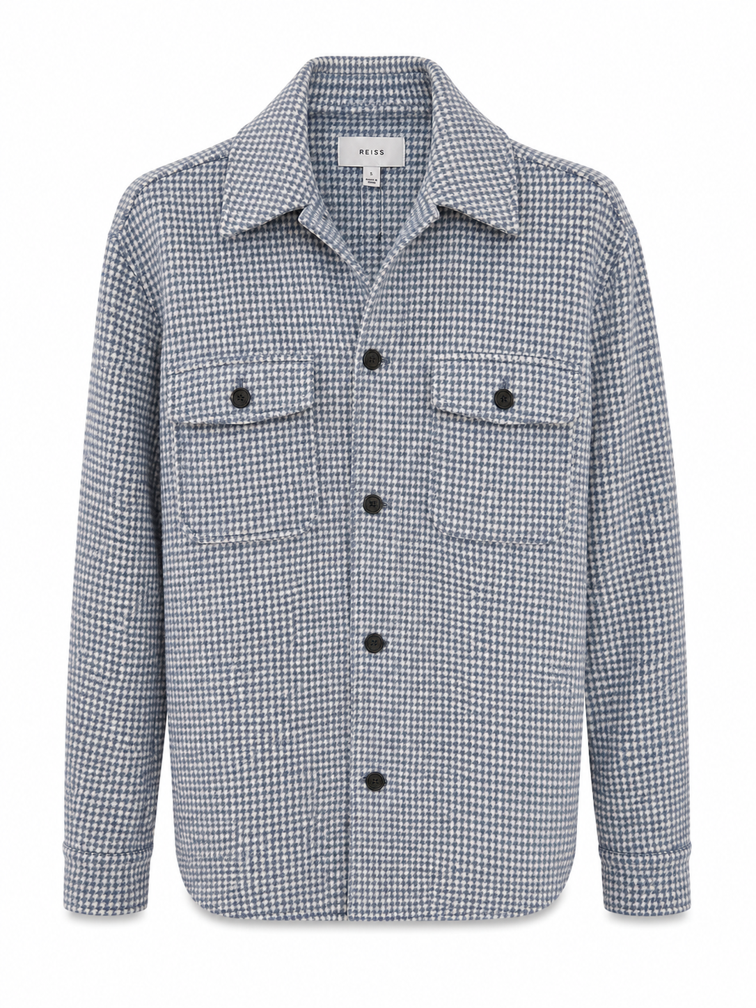 Front view of Reiss men’s blue houndstooth overshirt with button closure, chest pockets and premium British-inspired design.