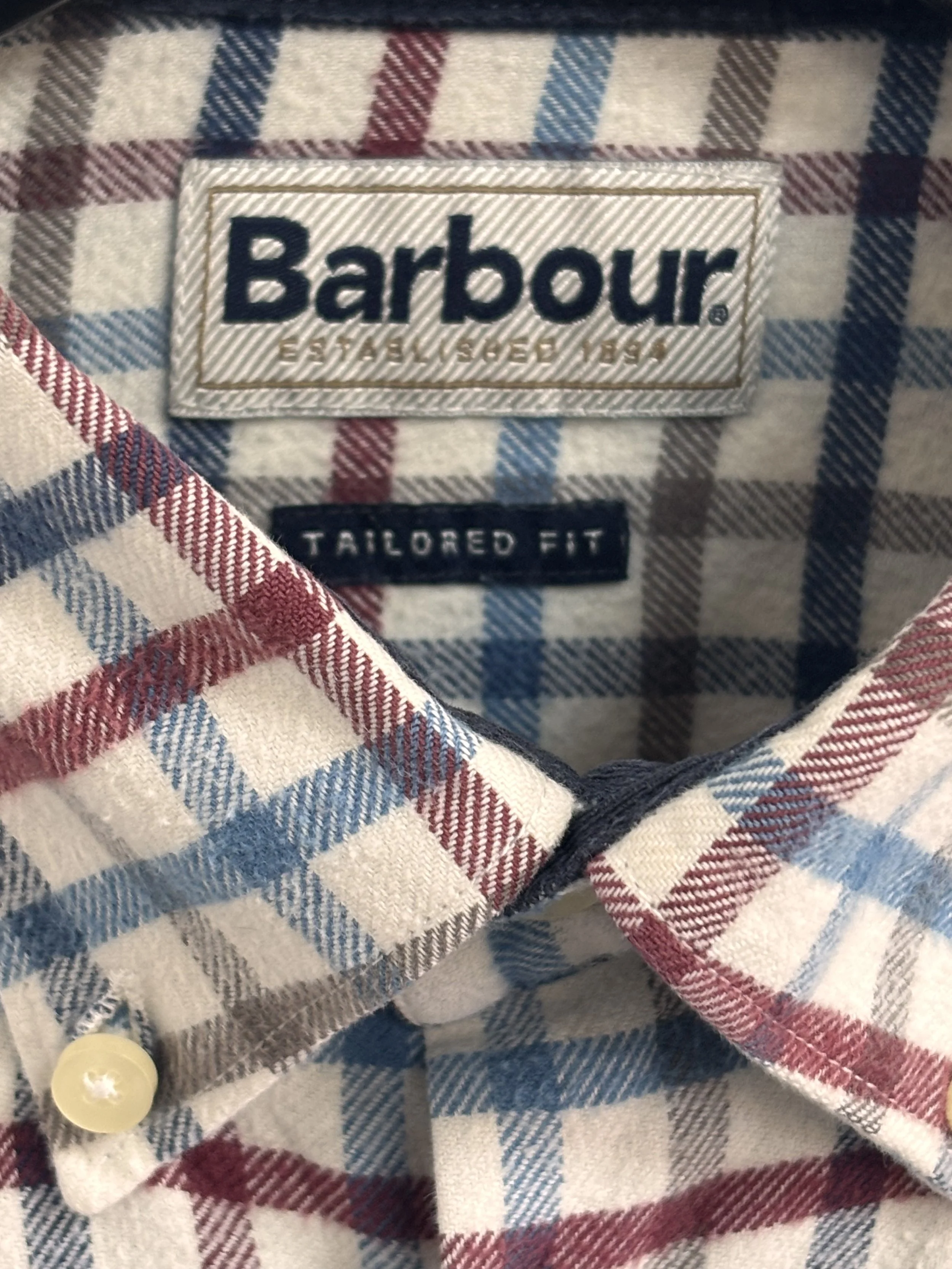 Authentic Barbour original brand label with Tailored Fit tag on premium cotton checked shirt