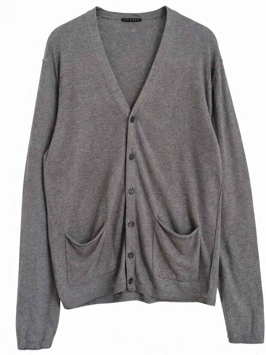 Sisley grey fine knit button cardigan with front pockets