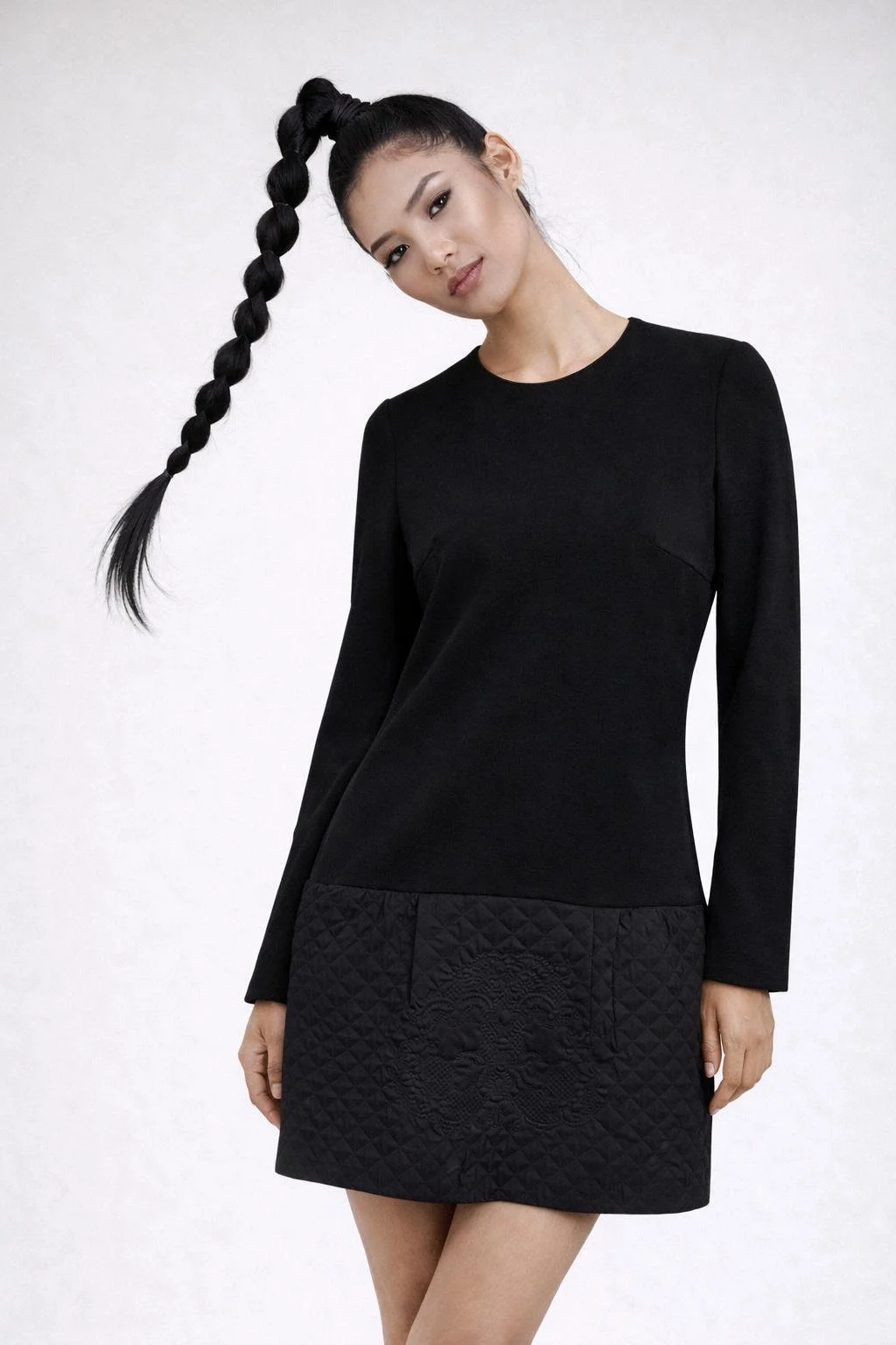 Pinko Black Quilted Hem Mini Dress – Long Sleeve Designer Cocktail Dress