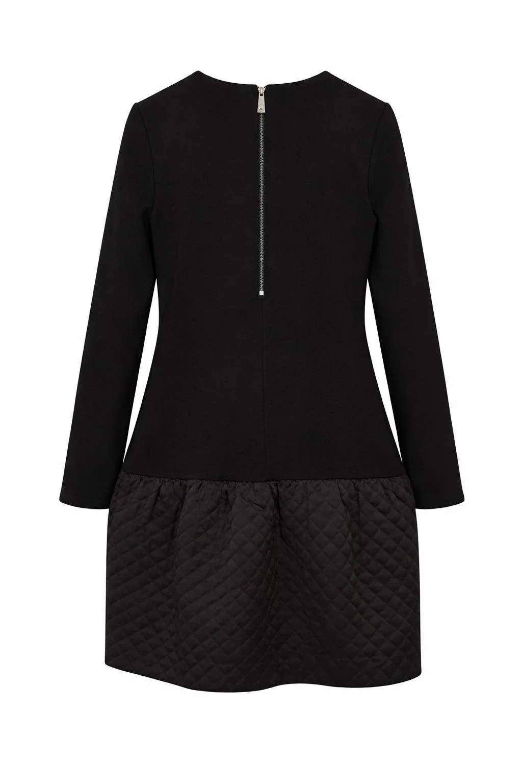 Pinko black long sleeve mini dress back view with silver zipper closure and quilted skirt detail