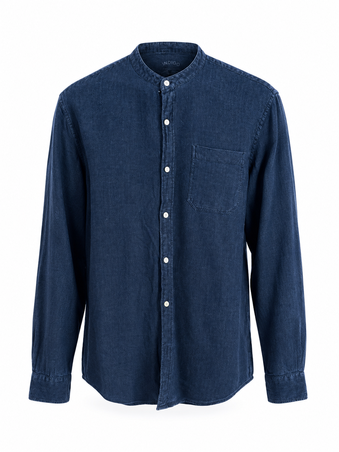 Front view of Indigo by Country Road men’s navy blue premium cotton shirt featuring a band collar, button-up front, chest pocket, and 100% cotton fabric.