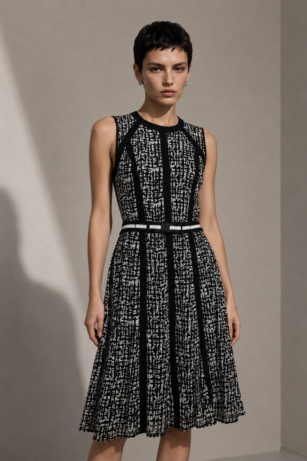 Karen Millen black and white printed designer dress on model