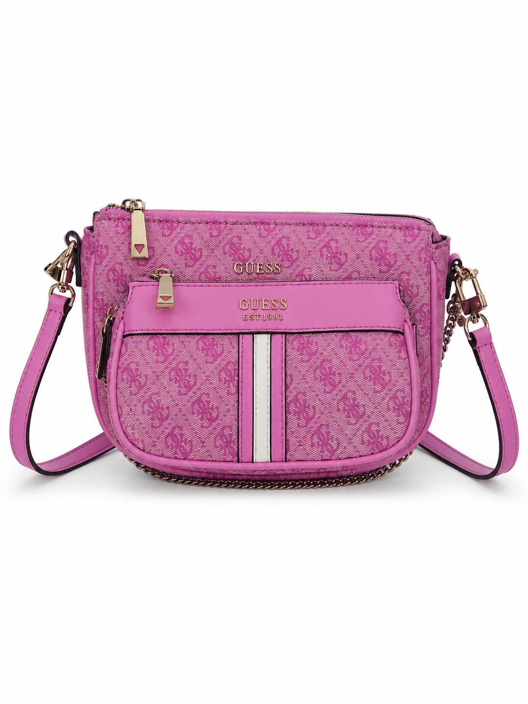 GUESS pink monogram 2-in-1 crossbody bag front view