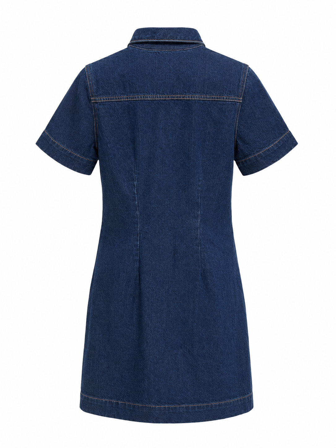 Back view of Calvin Klein Jeans women’s dark blue denim mini dress with short sleeves and clean tailored silhouette