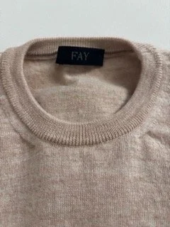 Close-up of FAY beige virgin wool sweater neckline and logo tag