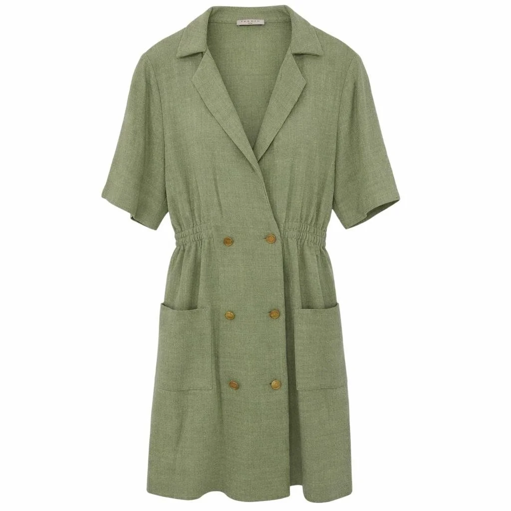 Sandro green short sleeve dress with waist tie, front view, pre-owned luxury