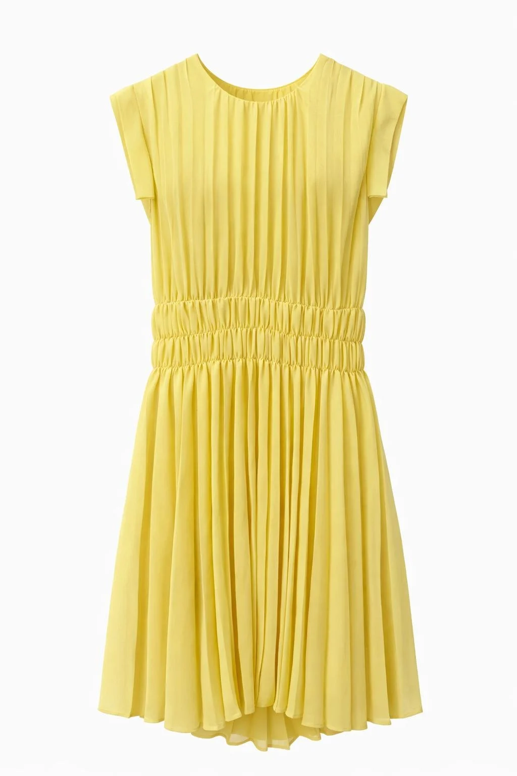 LIU JO yellow pleated dress front view, lightweight chiffon fabric, elastic waist detail, elegant summer designer dress, pre-owned, Virtual Preview Available