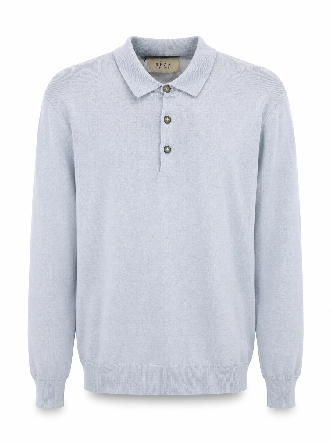 REZA sky blue cotton cashmere knit polo sweater with three-button placket and long sleeves front view