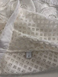 White IRO lace blouse size 2 EU 38 detailed fabric close-up with embroidered floral lace and textured cotton design pre-owned luxury women’s top