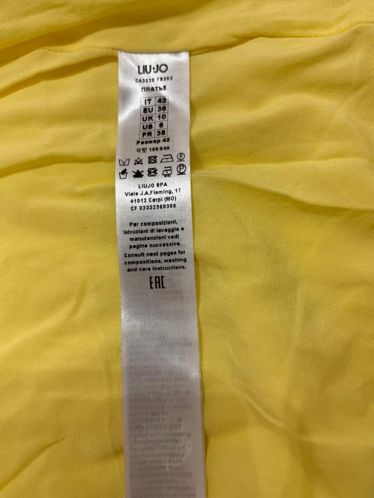 LIU JO dress size and care label detail, IT 42 EU 38 UK 10 US 6, authentic pre-owned yellow designer dress