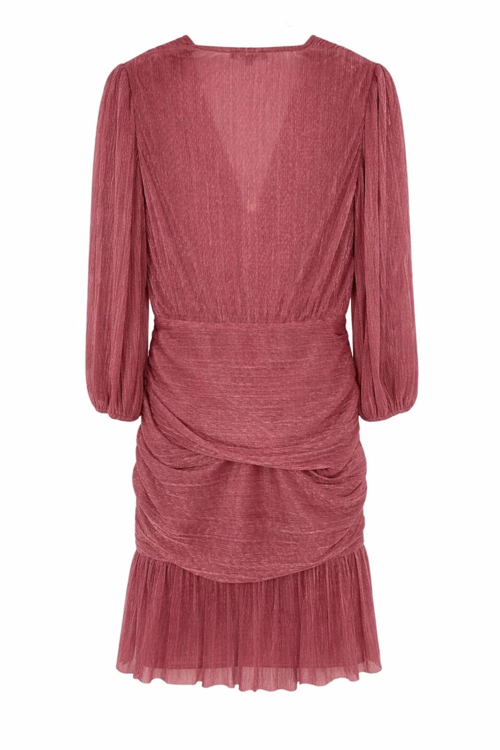 Back view of Maje pink ruched mini dress, long sleeve women’s designer dress, feminine silhouette.