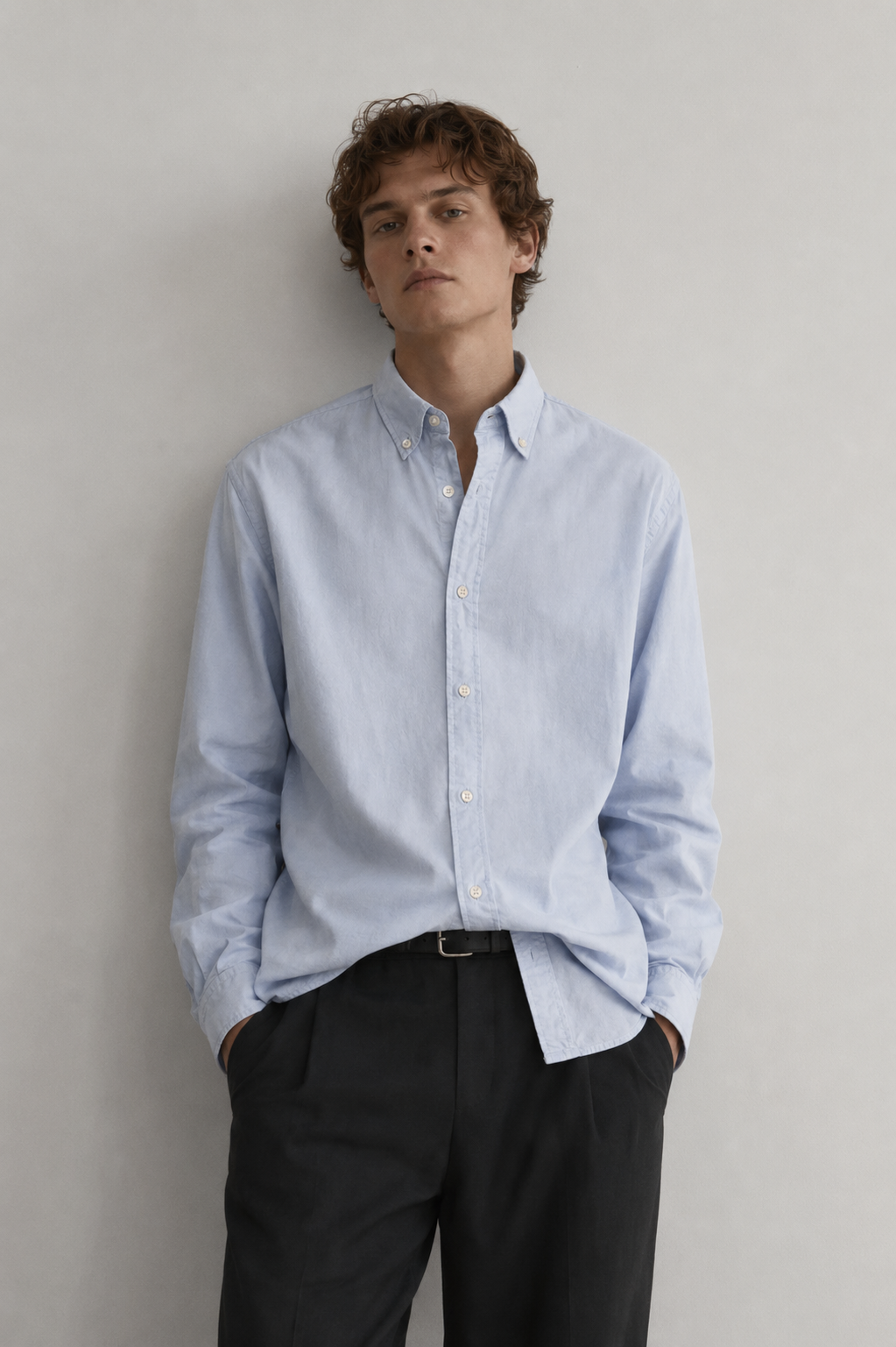 Massimo Dutti men’s light blue button-down shirt with long sleeves and classic smart casual design