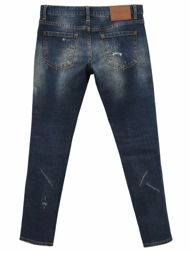 Dsquared2 luxury designer skinny cropped jeans, dark blue distressed denim, back view with faded wash, Italian designer denim, pre-owned luxury, Virtual Preview Available