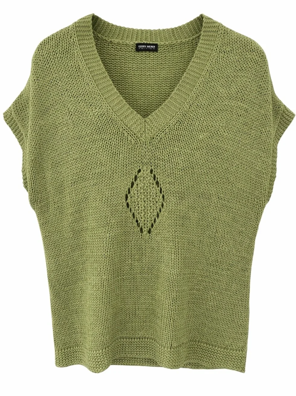 Gerry Weber lime green sleeveless knit vest front view with V-neck and open knit texture