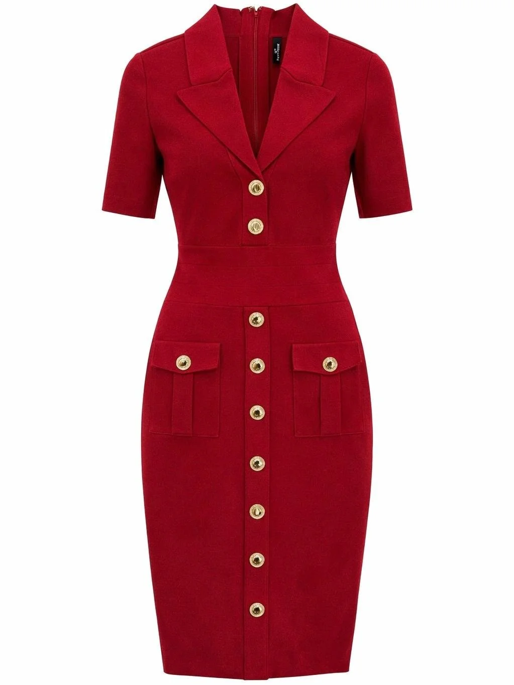 Marciano by Guess red fitted dress with gold buttons, tailored luxury silhouette