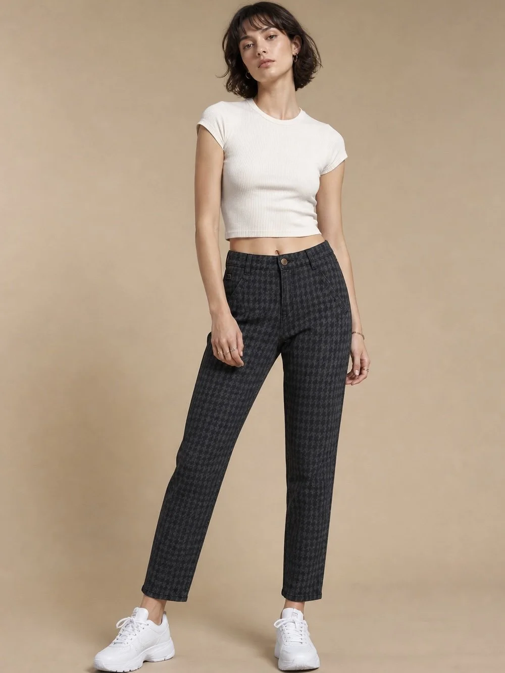 DAWN Sunshine Cropped black patterned women’s jeans styled on model