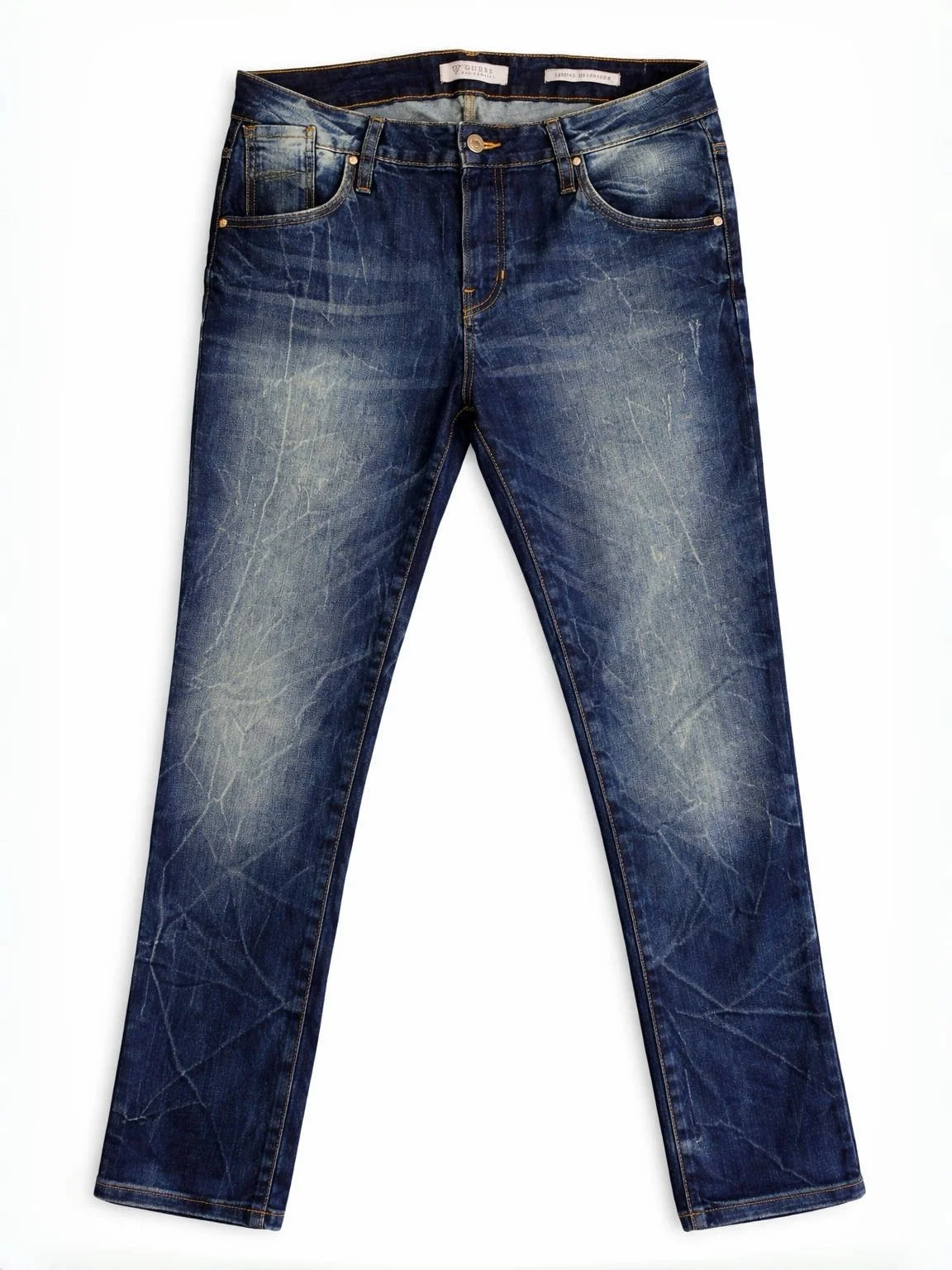Guess Los Angeles straight fit jeans front view with heavy whiskering detail