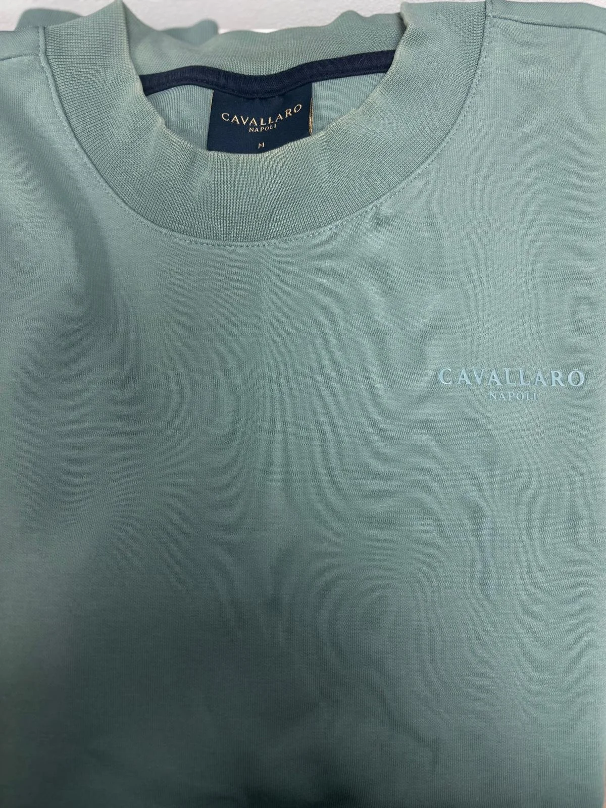 Cavallaro Napoli sage green crewneck sweatshirt with embroidered chest logo, close-up of collar and fabric texture