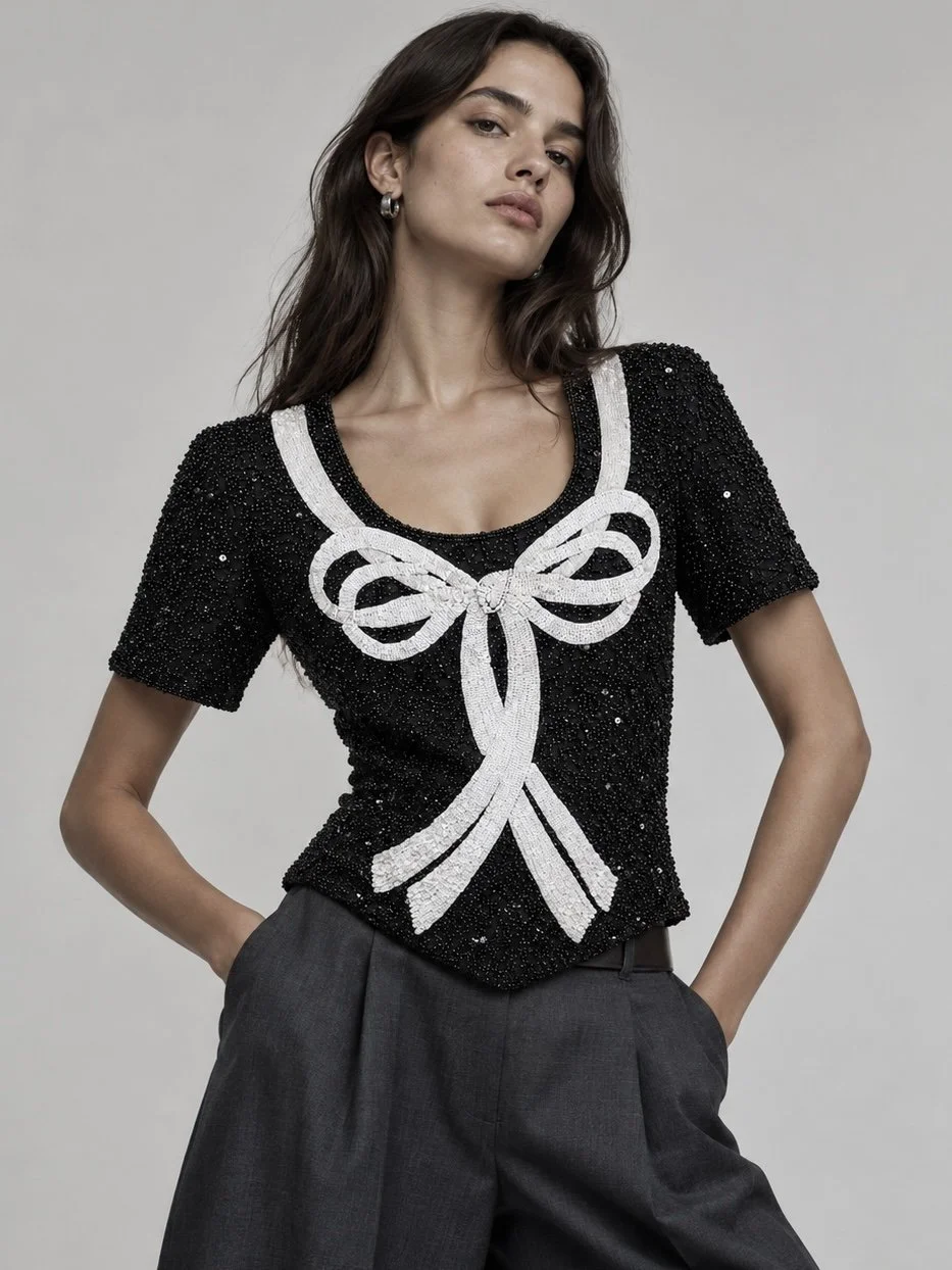 Frank Usher Black & White Embellished Silk Designer Top